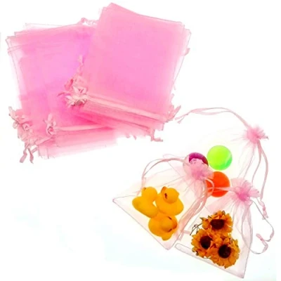 Afbeelding van JZK 50 Stuks 12x9 cm roze klein gunstzakken organza feesttassen confetti tas snoepzak gunstzakjes tasjes met trekkoord voor Bruiloft Kinderen verjaardagsfeestje