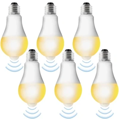 Afbeelding van 6 stuks E27 LED gloeilamp met bewegingsmelder: ledlamp PIR bewegingsmelder lamp 12W warm wit 3000K lichtsensor spaarlamp voor hal, garage, trap, balkon