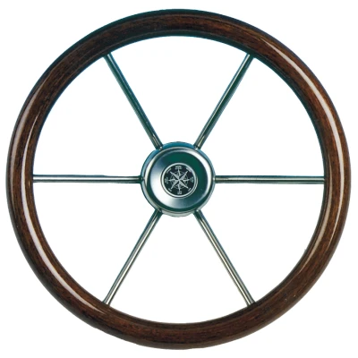 Afbeelding van 6 spaaks stuurwiel leader wood rvs met mahoniehouten rand a=390mm b=100mm