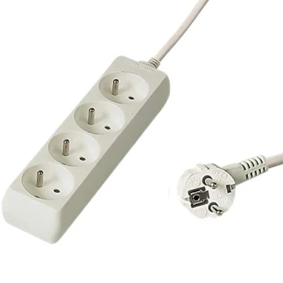 Afbeelding van PremiumCord stekkerdoos 10 m, 4 stopcontacten, verlenging 230 V, Franse 45 graden gedraaid, hoogwaardige met kinderbeveiliging, kleur: wit