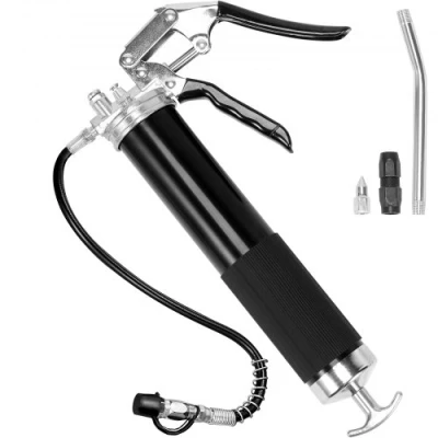 Afbeelding van VEVOR Handmatig vetpistool, 6000 psi, professioneel vetpistool met één hand, capaciteit 400 cc, flexibele slang 450 mm, platte koppeling, zwart, scherpe metalen buis gebogen