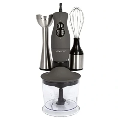 Afbeelding van Clatronic Elektrische staafmixer/garde/multihakmolen 3 in 1 set SMS 3777; voor mixen, hakken, kloppen; groenten, room, noten; 400 watt; inclusief accessoires; roestvrij staal/titanium