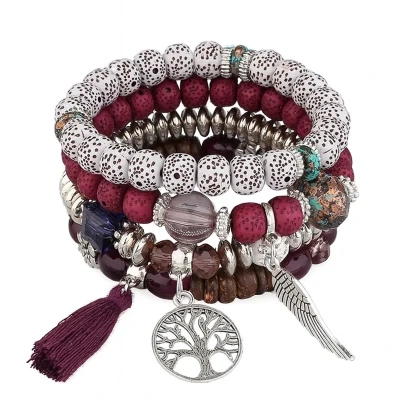 Afbeelding van 4 delige Armbanden set Elastische Kralenarmbanden met Charms &amp; Natuurlijke Accenten