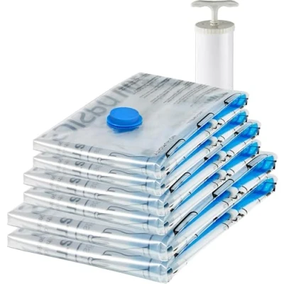 Afbeelding van Amazon Basics Vacuümcompressie opbergzakken met handpomp, ritssluiting, verpakking van 6 stuks (2 x jumbo maat, 2 maat L, M), meerdere kleurloze