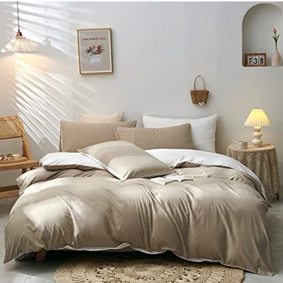 Afbeelding van Damier Beddengoed 200 x 220 cm, beige wit, omkeerbaar beddengoed, 3 delig, superzacht microvezel, effen, dekbedovertrek met ritssluiting en 2 hoofdkussenslopen 80 cm