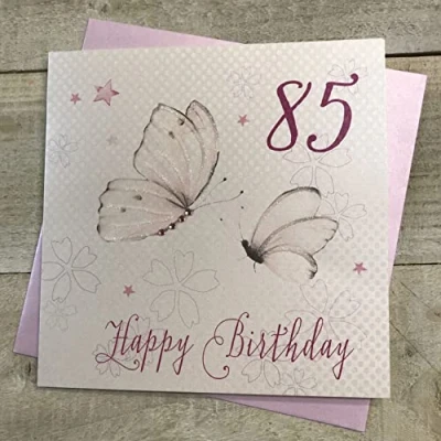 Afbeelding van White Cotton Cards wenskaart voor 85. verjaardag, handgemaakt, opschrift &quot;85 Happy Birthday&quot;, motief: vlinder