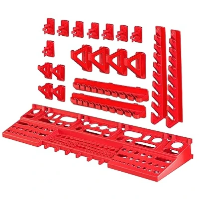 Afbeelding van botle 20 gereedschapshouders, 1 rek, assortiment, wandrek voor gereedschap, schroefsleutels, tangen, wandrek, werkplaats, rood