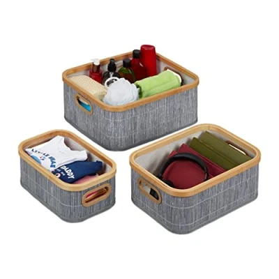 Afbeelding van Relaxdays opbergmand set van 3 met handgreep opbergbox groottes bamboe grijs