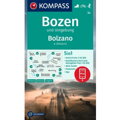 Afbeelding van Carta escursionistica n. 54. Bolzano e dintorni. Ediz. multilingue: 5in1 Wanderkarte mit Panorama, Aktiv Guide und Detailkarten inklusive Karte zur ... in der KOMPASS App. Fahrradfahren. Skitouren.