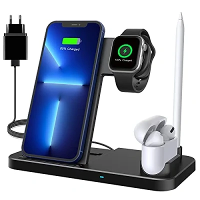 Afbeelding van draadloze oplader, 4 in 1 inductief laadstation met 18 W snelle adapter voor Apple Watch Airpods Pro, Qi gecertificeerd, oplader iPhone 12/SE/11/X/XR/Xs Max/8, Samsung Galaxy S20/S10