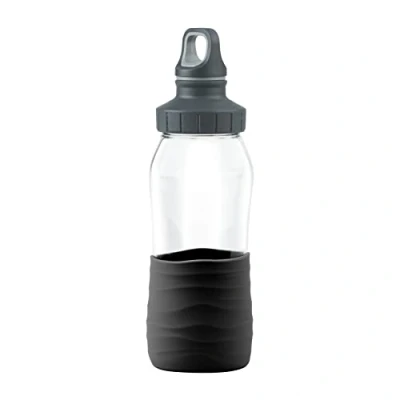 Afbeelding van Emsa N31009 Drink2Go glazen drinkfles inhoud: 0,5 liter schroefdop 100% dicht/hygiënisch/zuiver siliconen manchet zwart