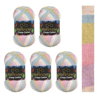 Afbeelding van Wollbiene Crazy Cotton Batik, 5 x 100 g, 500 gram met kleurverloop, 55% katoen, meerkleurig, breiwol, wol voor het hele jaar (6060 sering, roze groen)