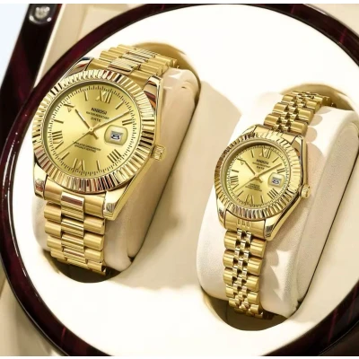 Afbeelding van Nibosi Heren en dames Horlogeset Polshorloge Cadeau Horloge Geschenkdoos Mannen Goud RVS