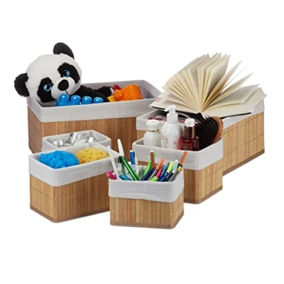 Afbeelding van Relaxdays opbergmand set van 6 bamboe manden badkamer opbergbox Naturel