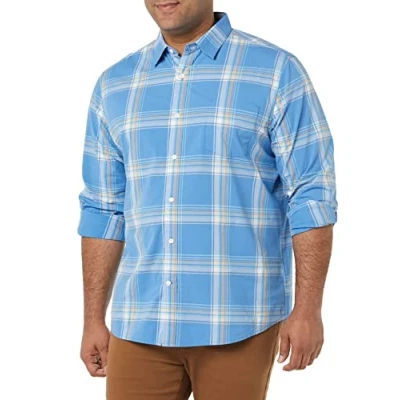Afbeelding van Amazon Essentials Regular Fit Stretch Poplin overhemd met lange mouwen, voor heren, lichtblauw oranje geruit, XL