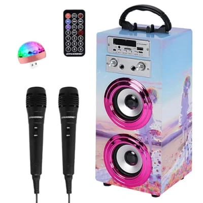 Afbeelding van DYNASONIC Draagbare Karaoke Machine, 2 Microfoons, Bluetooth Luidspreker, Verlichting, USB en SD lezer, Cadeau voor Kinderen 5 13 Jaar (Model 17 lights)