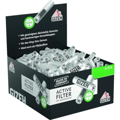 Afbeelding van Gizeh 20703 Active Filter 8 mm actieve koolfilter met keramische kapjes 1 doos 200 filters grijpbox, papier