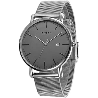 Afbeelding van BUREI Ultradunne minimalistische moderne herenhorloge Classy Date met klassiek eenvoudig ontwerp van groot gezicht en roestvrij stalen band