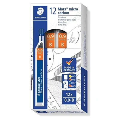 Afbeelding van STAEDTLER 250 09 B Mars Micro fijne vullingen, stiftdiameter 0,9 mm, B, 12 stuks, grafietgrijs