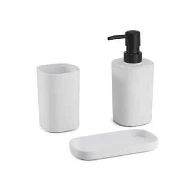 Afbeelding van MSV Badkamer accessoires set 3 delig Lona Kunststof Wit Zeeppompje/beker/schaaltje Badkameraccessoireset