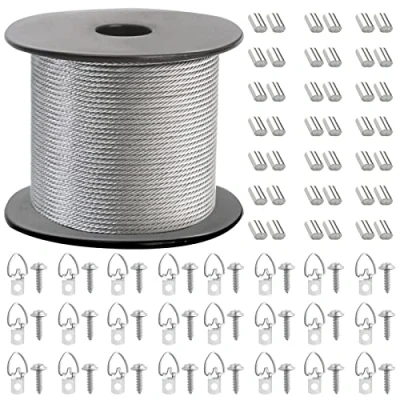 Afbeelding van Fotolijst Hanging Wire Kit gevlochten roestvrij staal vinyl gecoate draadspoel 1,5 mm x 100 voet en 30 delen D ring fotohanger schroeven krimpbuisjes.