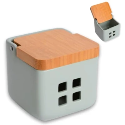 Afbeelding van Kook Time Knoflook blik mat saliegroen keramiek knoflookpot met bamboehouten deksel, perfecte opslag van knoflook, ideaal als knoflookpot, uienpot en knoflookhouder
