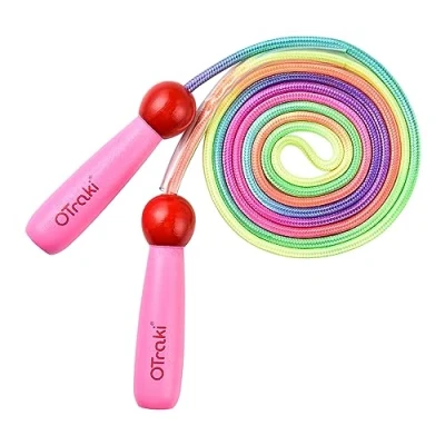 Afbeelding van OTraki Regenboog springtouw kinderen, verstelbare springtouwen voor houten handvat meisjes/jongens, oefening kind, roze &amp; 2,5 m