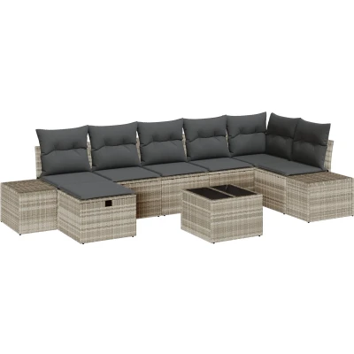 Afbeelding van vidaXL 8 Delige Tuin Sofa Set met Kussens Licht Grijs Poly Riet