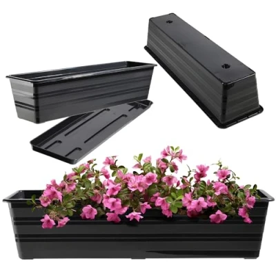 Afbeelding van KADAX Wamat, 60 cm, met onderzetters, antraciet, balkonpot van kunststof, weerbestendige plantenbak, bloempot, balustrade voor bloemen, kruiden