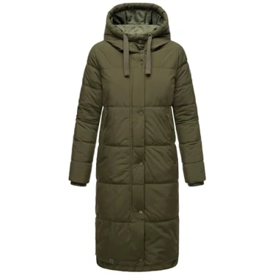 Afbeelding van MARIKOO Soranaa Winterjas voor dames, warm, gewatteerd, lang, met capuchon, XS XXL, dark olive, M