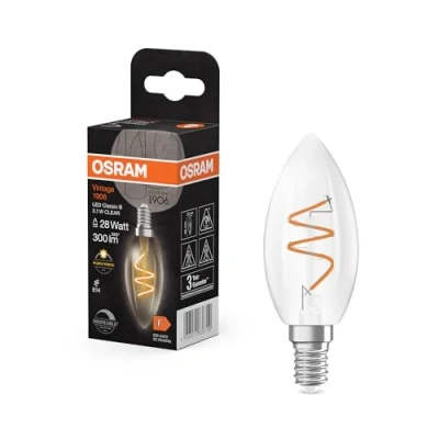 Afbeelding van OSRAM Vintage 1906 Classic is a warm white, dimmable LED lamp in the shape of mini candle with spiral filament. It offers 3.1 W, 300 lm, E14 socket, clear coloured glass, 35 mm diameter, 2,700 K.