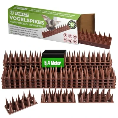 Afbeelding van ISOTRONIC Vogelafweer van kunststof, dierenafweer, 3 rijen, spikes voor kat, marter, duif, hek, vensterbank, dak, duivenafweer, vogelbescherming, robuust (bruin, 12 stuks)