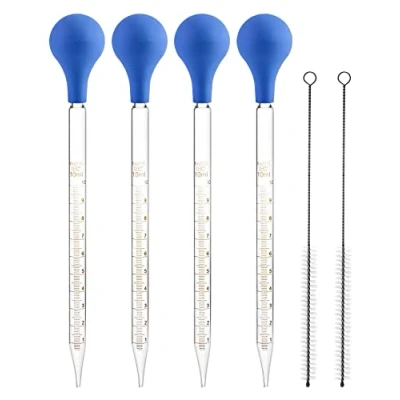 Afbeelding van QWORK glazen pipet, 4 stuks 10 ml druppelpipet met rubberen dop en 2 reinigingsborsteltje