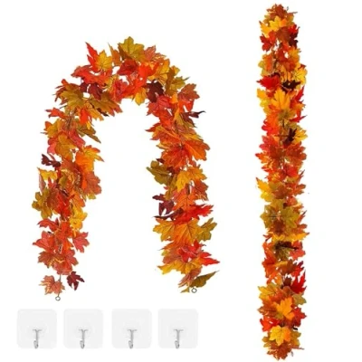 Afbeelding van 2 stuks herfstslinger, esdoornblad, esdoornbladeren, slinger, hangende kunstmatige slinger met oranje bladeren voor binnen, buiten, open haard, Halloween, Thanksgiving decoratie