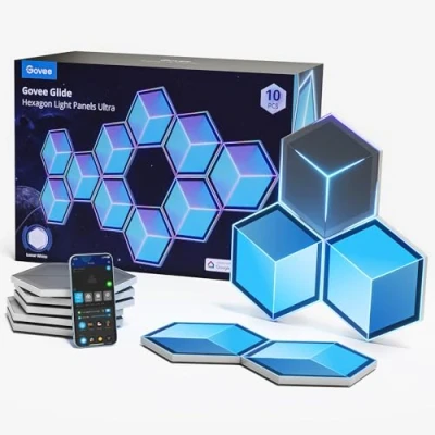 Afbeelding van Govee Glide Hexagon Light Ultra, RGBIC 3D, wifi wandlamp, 129 leds, werkt met Alexa, 60 scènemodi, voor gaming, muur, kamerdecoratie, 10 panelen, meteor, grijs