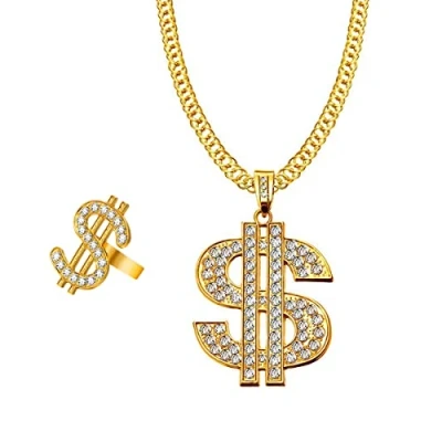 Afbeelding van Liitata Set van 2 dollartekens halskettingen met hanger, hiphop, rapper, punk, gouden ketting, jaren &#039;80 en &#039;90, kostuumaccessoires voor heren, carnaval, themafeest