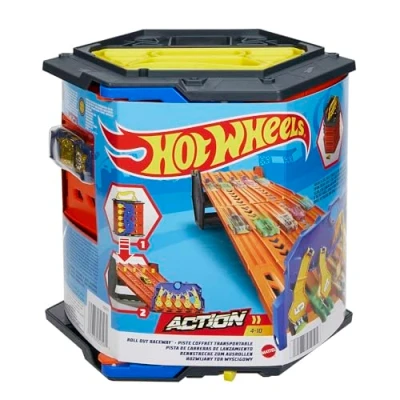 Afbeelding van Hot Wheels HGK41 Uitrol Racebaan Baanset, rolt uit in een vijfbaans racebaan, van 4 tot 10 jaar oud