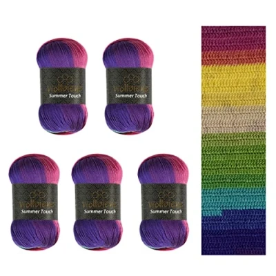 Afbeelding van Wollbiene Summer Touch Batik 5 x 100 gram wol meerkleurig met kleurverloop, 500 gemerceriseerde breiwol microvezel acryl (515 paars geel groen)