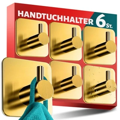 Afbeelding van Menz Handdoekhouder zonder boren, set van 6 stuks, gouden handdoekhaken, roestvrij staal, klassiek functionele haken, zelfklevend, sterke kleefhaken als stijlvolle wandhaken