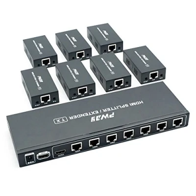 Afbeelding van PW HTS0107IR (POC) HDMI Splitter Extender 1X7 poort via Cat5e / Cat6 Ethernet kabel met IR afstandsbediening Geen vertraging tot 60 m (196 ft) en resolutie 1080P bij Hz (1 in 7 uit)