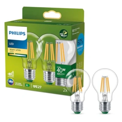 Afbeelding van Philips Ultra Efficient LED lamp Transparant 40 W E27 Warmwit licht 2 pack