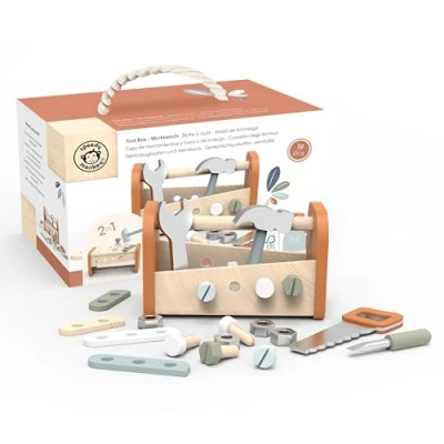 Afbeelding van Speedy Monkey SP3017 2 in 1 werkbank, gereedschapskist 25 x 13,5 15 cm, kleurrijk, houten speelgoed voor kinderen, liefdevolle details, leuk cadeau idee
