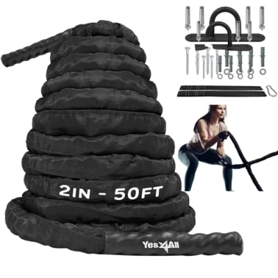 Afbeelding van Yes4All Trainingstouw voor gevechtsoefeningen met beschermhoes stalen anker en riem inbegrepen 38 mm/50 mm diameter Poly Dacron 9 m, 12 15 m lengte (50 m)
