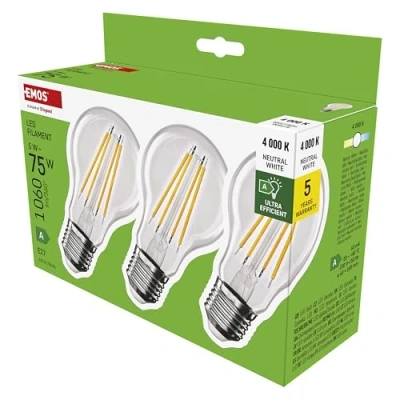Afbeelding van EMOS LED lamp filament A60 A klasse vintage gloeilamp E27 fitting neutraal wit 1060lm extra zuinig, 5W (in plaats van 75W gloeilamp) 50.000 uur hoek 300 CRI min. 80 3 pack