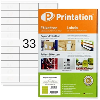 Afbeelding van Printation Universele etiketten 70 x 25,4 mm voor markeringen, zelfklevend, wit, bedrukbaar, 3300 25,4, stickers op 100 DIN A4 vellen 3 11 33 per vel adresetiketten zelfklevend 3421