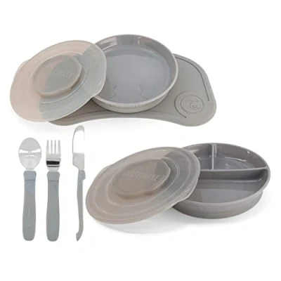 Afbeelding van Twistshake Mealtime Tableware Kinderservies Set, 6 st 1x Placemats 31 x 17 cm, Peuterborden, Babybordjes met Compartimenten, 3x Peuterbesteksets Roestvrijstalen, 6+ Maanden, Uniseks
