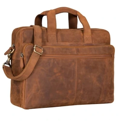 Afbeelding van STILORD &#039;Thompson&#039; Aktetas Laptop Leer Vintage Werktas voor 15&#039; Laptops Grote Business Bag Zakelijke Leraarstas Lederen Schoudertas Heren Dames Echt Leer, Kleur:tan donker bruin