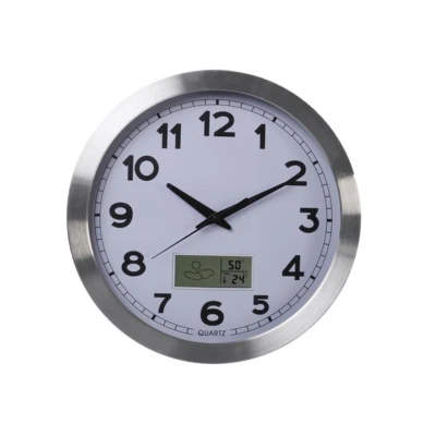 Afbeelding van Aluminium wandklok met lcd display en thermometer, hygrometer &amp; weersvoorspelling dia. 35 cm Velleman