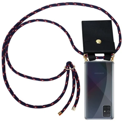 Afbeelding van Cadorabo Hoesje geschikt voor Samsung Galaxy A51 4G / M40s in BLAUW ROOD WITTE STIP Silicone Mobiele telefoon ketting beschermhoes met gouden ringen, koordriem en afneembare etui