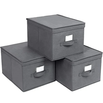 Afbeelding van SONGMICS Vouwdoos met deksel, 3 stuks, Opvouwbare opbergdoos, stoffen doos, 40 x 30 25 cm, grijs RFB03G